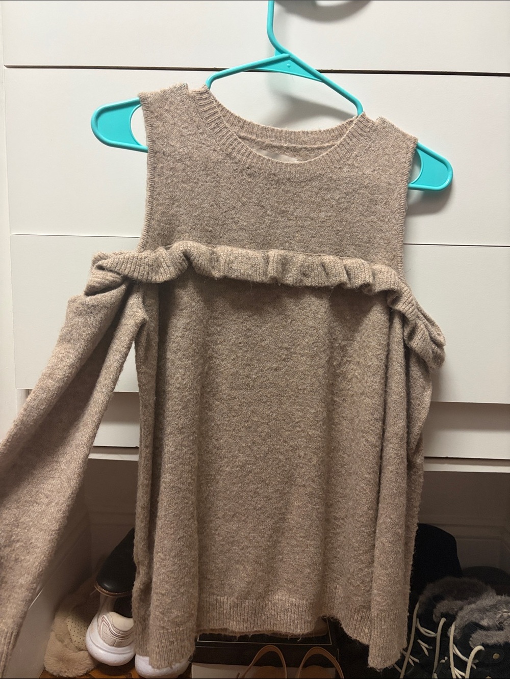 LOFT Beige Ruffle Cold-Shoulder Sweater